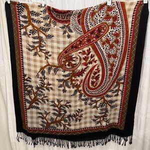 Dana Xu Wool Pashmina Floral Patterned Scarf 96x43 Shawl Black Tan Red Wrap